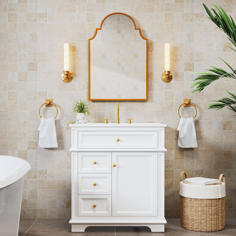 Bathroom Vanity Set with Arched Medicine Cabinet Mirror 30-Inch Vanity with Integrated Sink Top - White