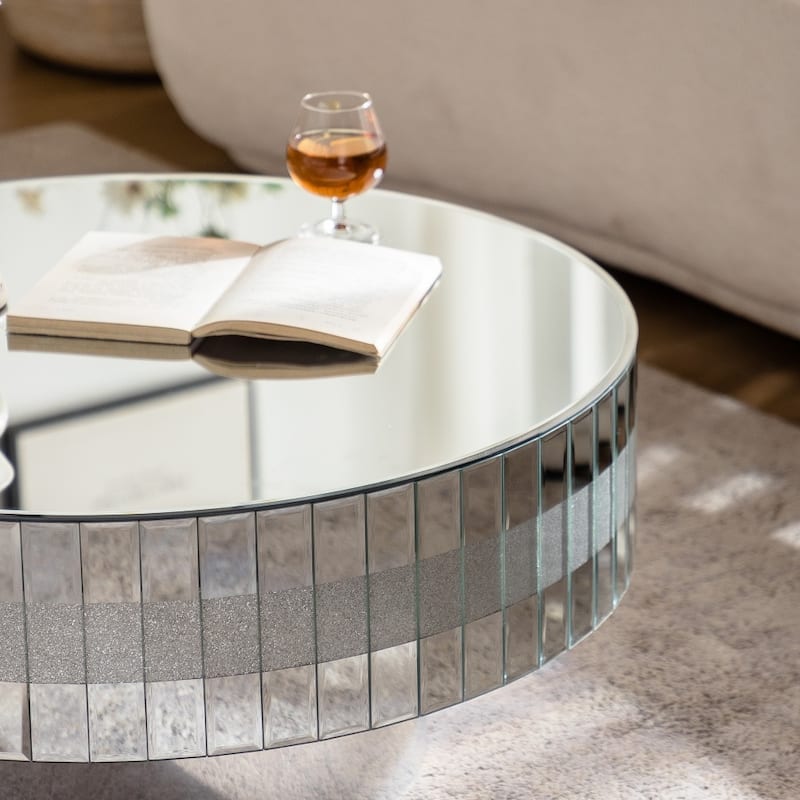 30.91" Luxury Silver Round Glass Mirrored Table Top Coffee Table