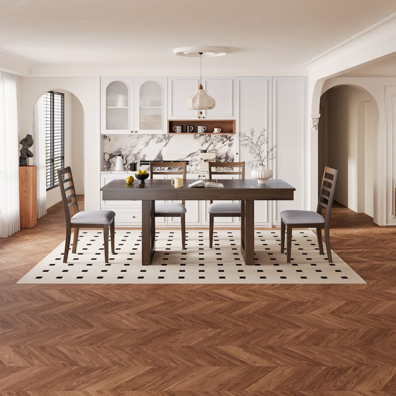 60"-78" Extendable Dining Table with Smooth Rails, Wooden Kitchen Table with Removable Leaf, Double U-Shape Base