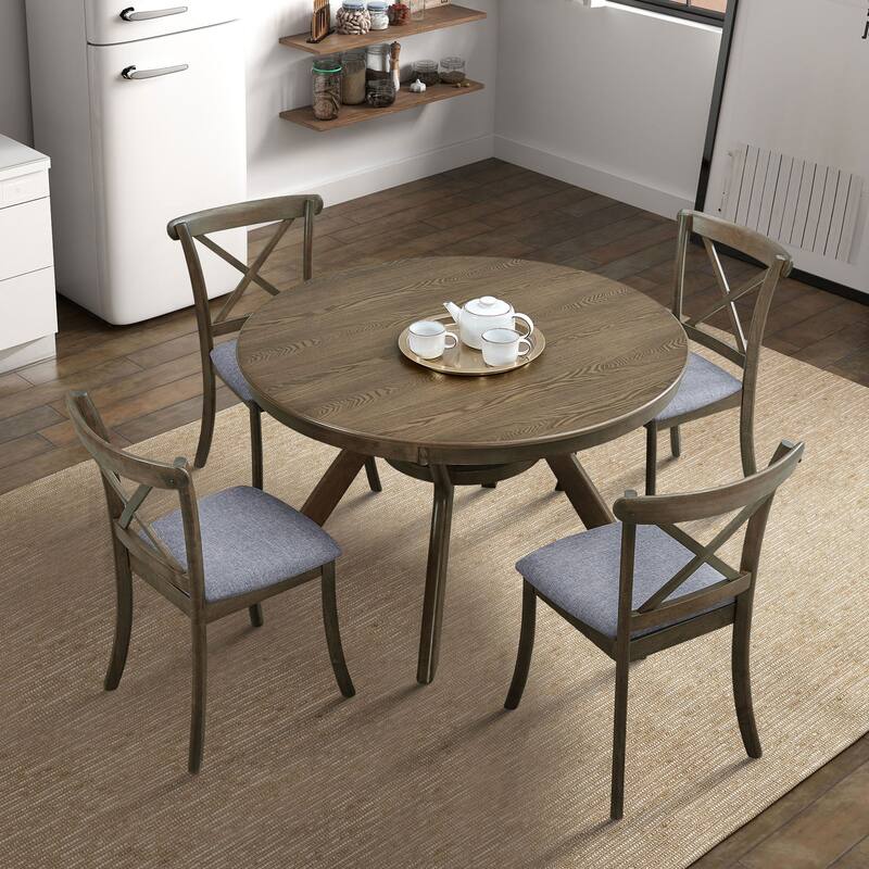 Modern 5-Piece Dining Set with Round Table & 4 Cross Back Upholstered Chairs