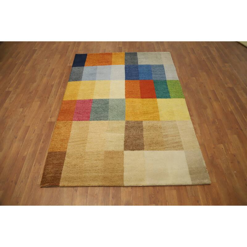 Hand Knotted Oriental 100% Wool Carpet Modern Geometric Multi-Colored Gabbeh Area Rug - 6' 5'' X 4' 6''