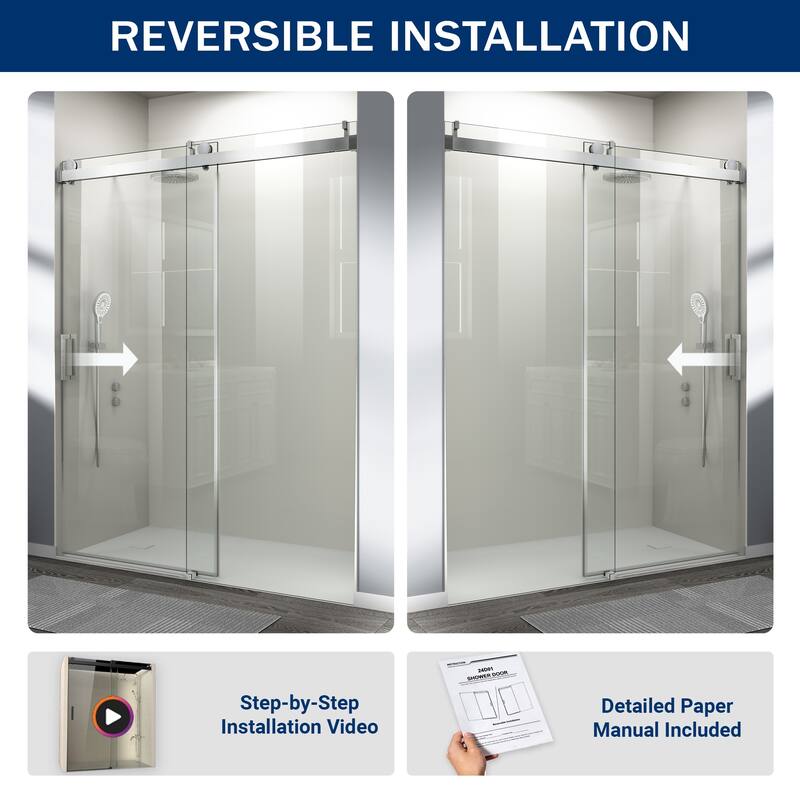 ABRUZZO 56-60" W x 76" H Frameless Soft-Closing Single Sliding Shower Door 1/4" (6mm) Explosion-Proof Tempered Glass