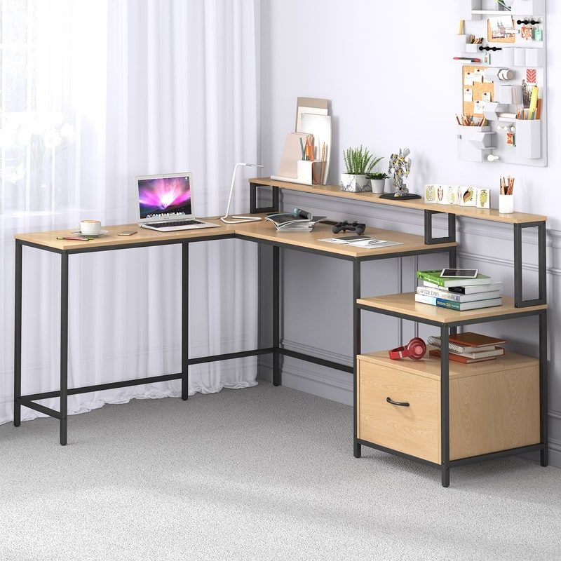 Mixoy L Shaped Computer Gaming Desk with File Cabinet&Power Outlet,Home Office Desk with Storage Shelf,Drawer,Monitor Stand