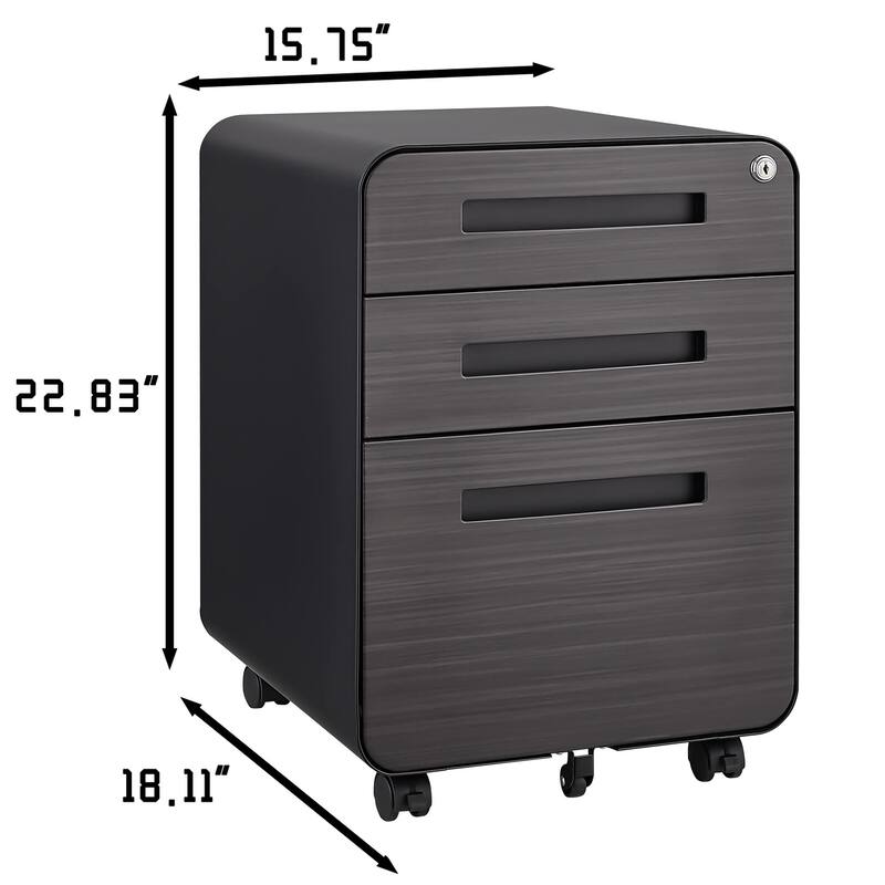 3-Drawer Locking Mobile File Cabinet with Wheels, Metal Home Office Storage Cabinet with Pencil Tray & Hanging Bars