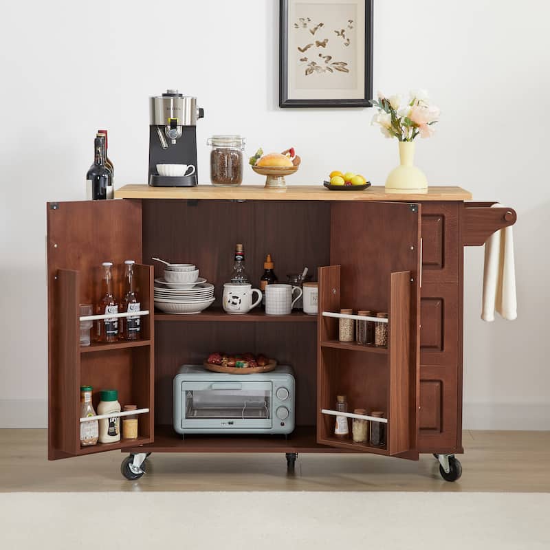 Kitchen Island with Drop Leaf and Storage, on Wheels Two Drawers, Large Storage Cabinet, Towel Rack Spice Cart - Brown