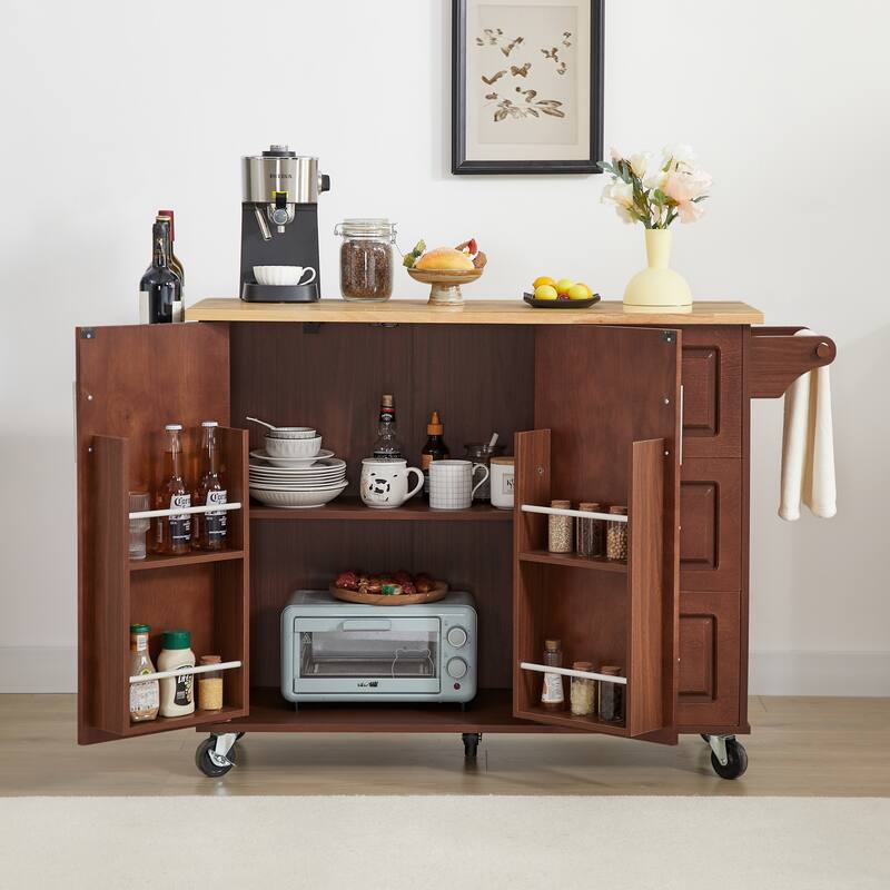 Multi-Functional Kitchen Island Cart on Wheels, Expandable Countertop, Ample Storage & Locking Casters - Brown