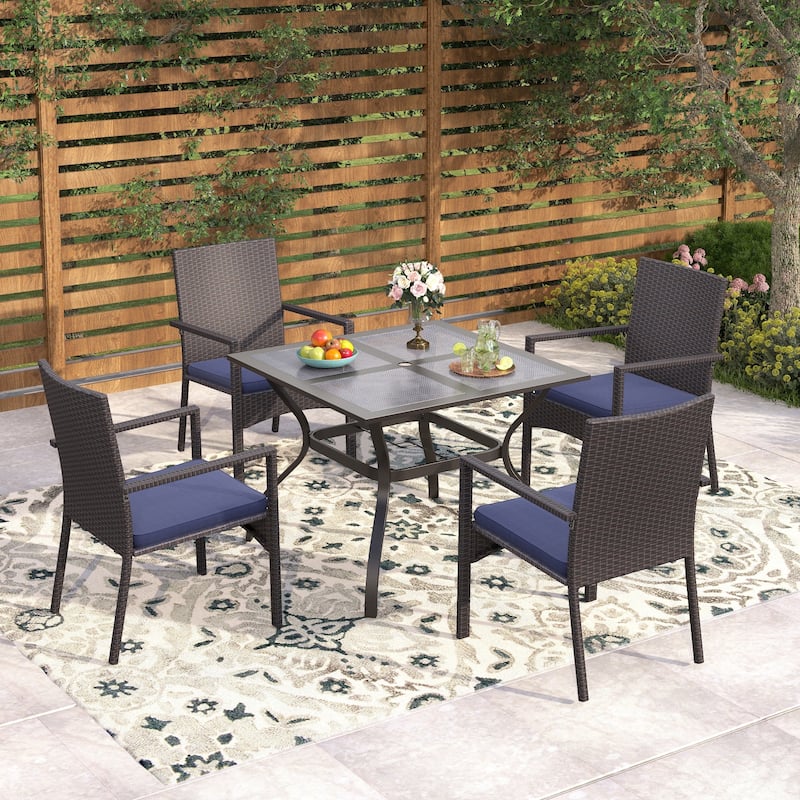 Seats up to 4 Outdoor Dining Sets, 37" Square Metal Bistro Table with Umbrella Hole and 4 Rattan Garden Chairs - Dark Brown