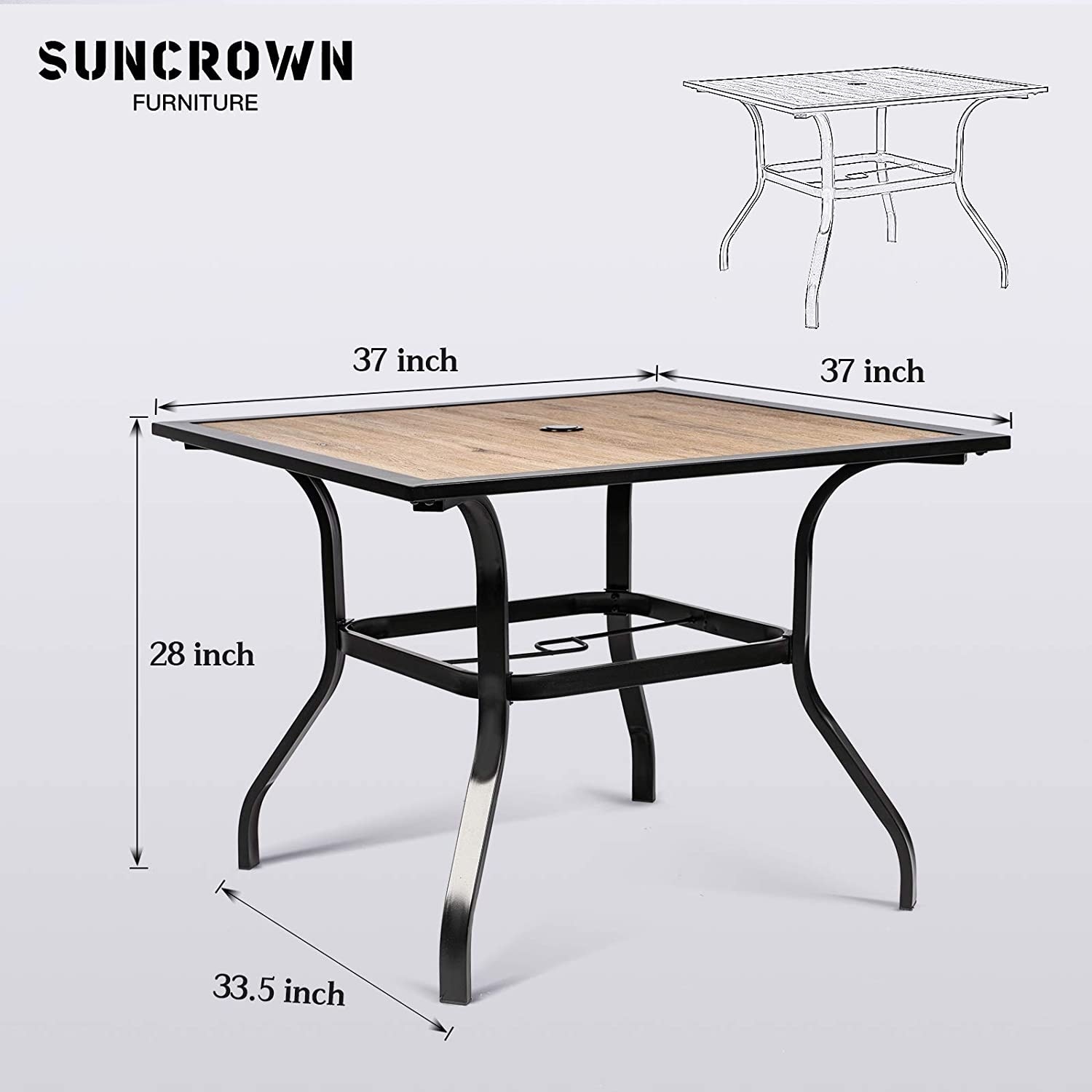 SUNCROWN 37 Patio Outdoor Dining Table Wooden Top Square Bistro Table for Porch Deck Garden Backyard Poolside 1.57 Umbrella Hole 
