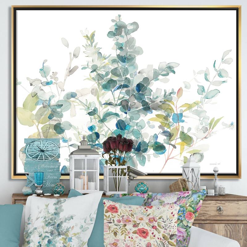 Designart "Eucalyptus Natural Element" Farmhouse Framed Canvas - Blue - 40 in. wide x 30 in. high - Gold