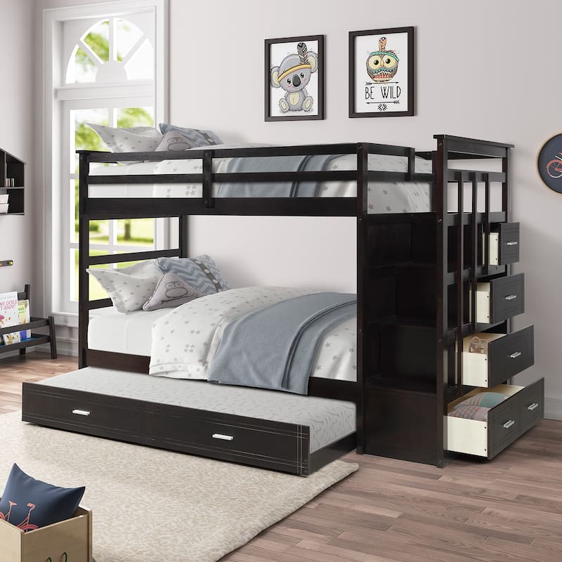 Twin Over Twin Bunk Bed with Trundle and Staircase