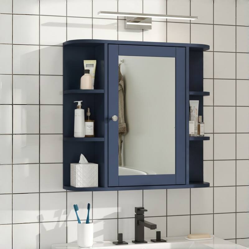Bathroom Wall Storage Cabinet with Mirror, with Adjustable Wood Shelf & Doors, Mounted Storage Cabinets with 6 Open Shelves