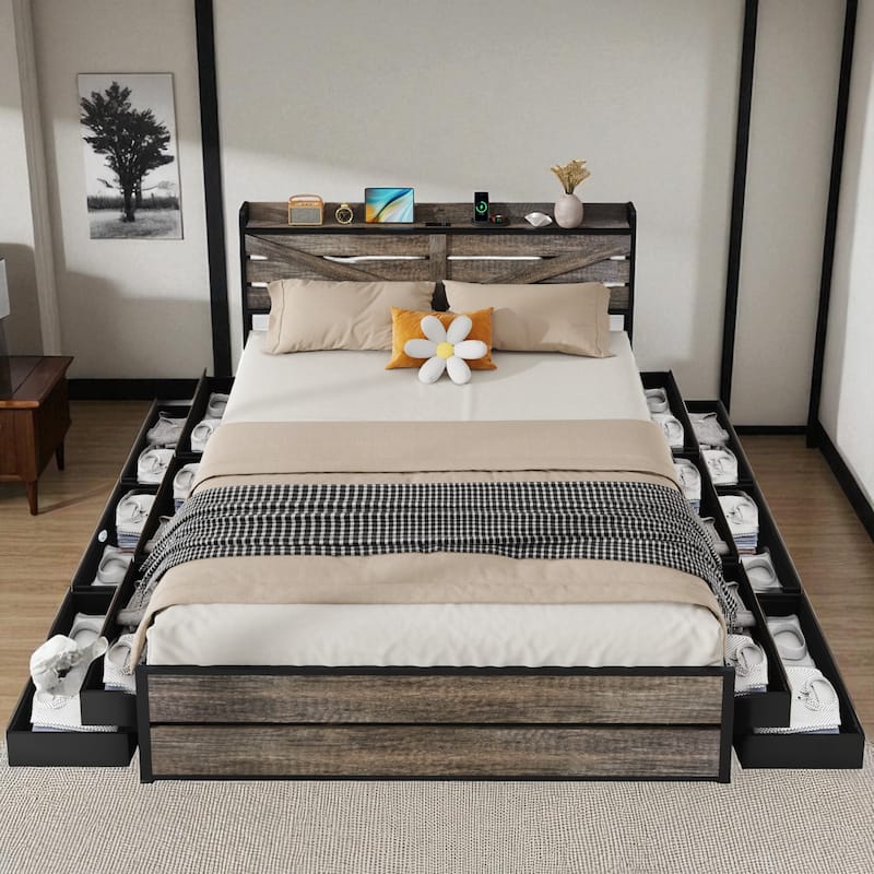 Queen/King Bed Frame with Storage Headboard, 12 Drawers, LED Lights, Charging Station, Metal Platform with Strong Slats Support