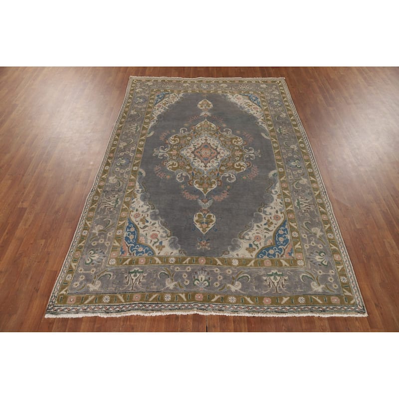 Gray Tabriz Vintage Persian Area Rug Hand-Knotted Wool Carpet - 6'6" x 9'8"