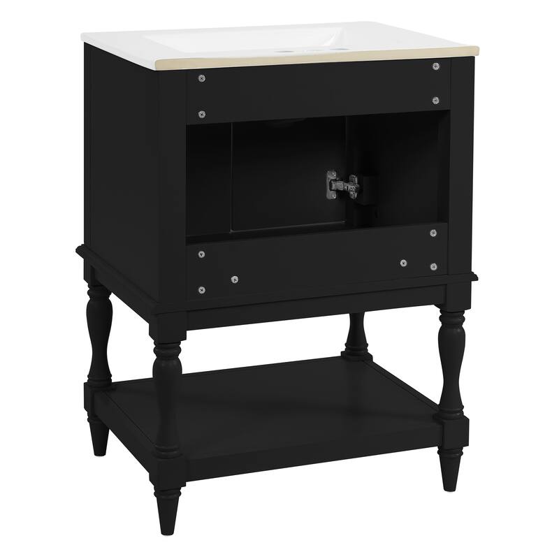 24" Modern Luxury Bathroom Vanity with Ceramic Sink, Compact Cabinet with Open Shelf & Closed Storage