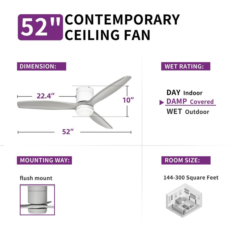 52 Inch Low Profile Ceiling Fan with Lights Remote and Wall Control