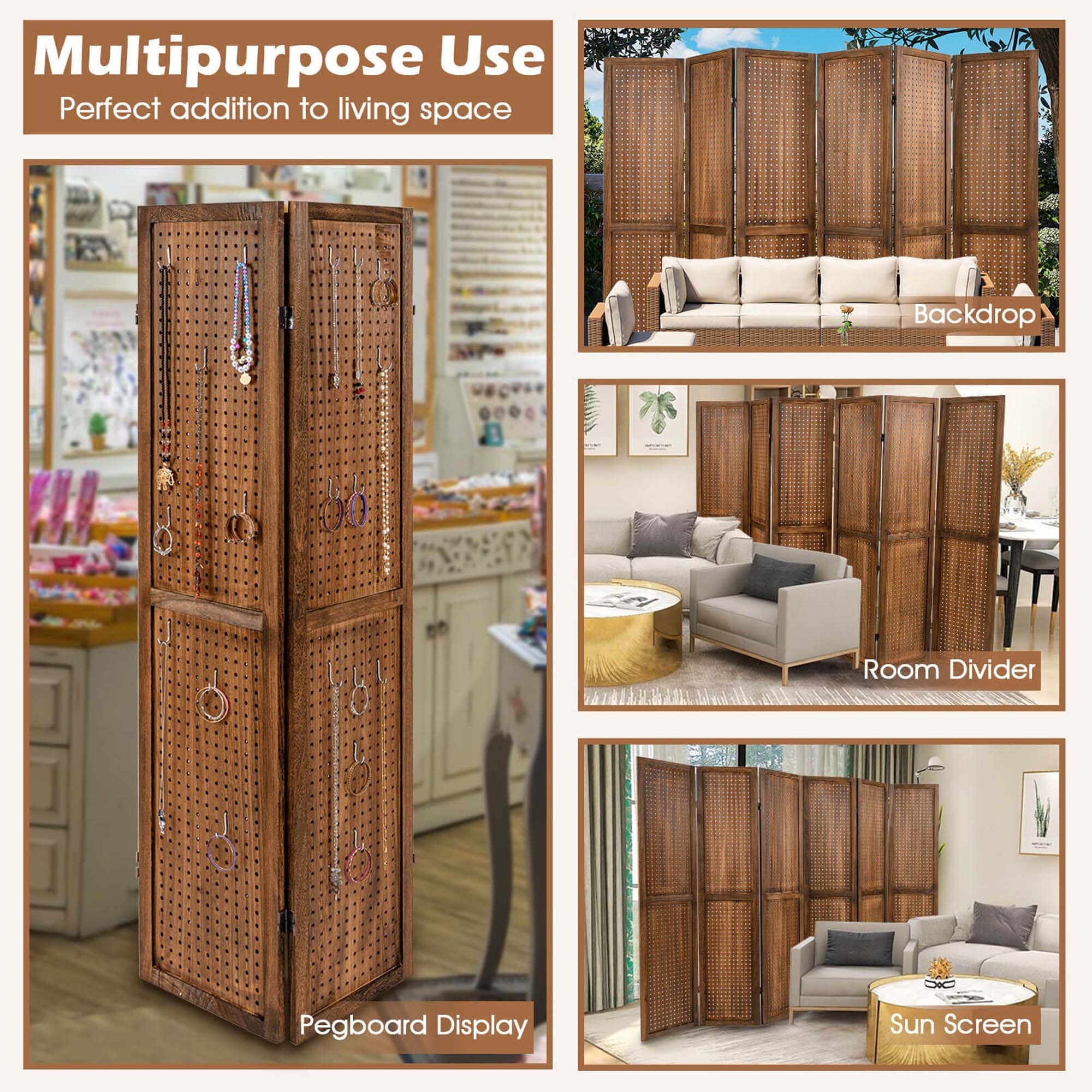 Costway 4/6 Panel Pegboard Display with 360° Metal Hinges