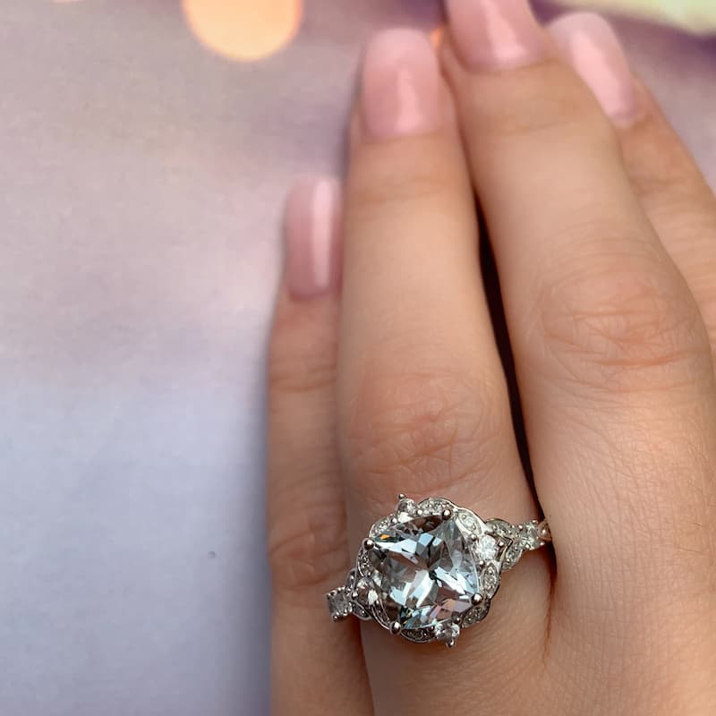 Miadora Vintage Aquamarine White Sapphire and Diamond Ring in 14k White Gold