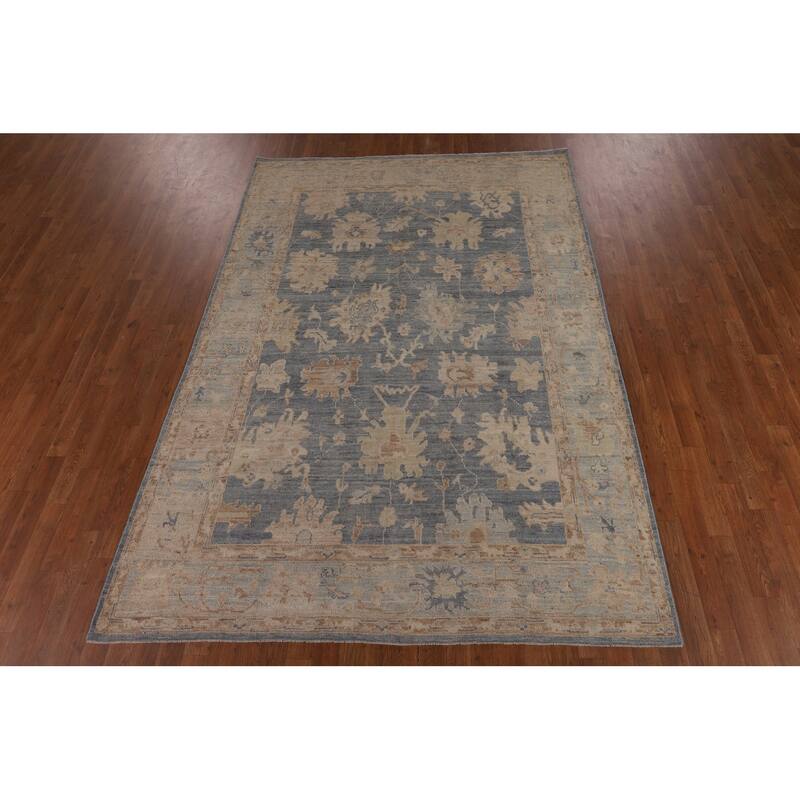 Vegetable Dye Blue Oushak Oriental Area Rug Hand-Knotted Wool Carpet - 6'2"x 8'9"