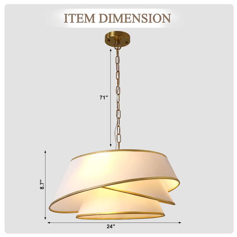 Cusp Barn 24 Inch 4-Light Drum Chandelier, Fabric Linen Shade Ceiling Light Fixture, Gold Tri-layer Kitchen Island Pendant Light