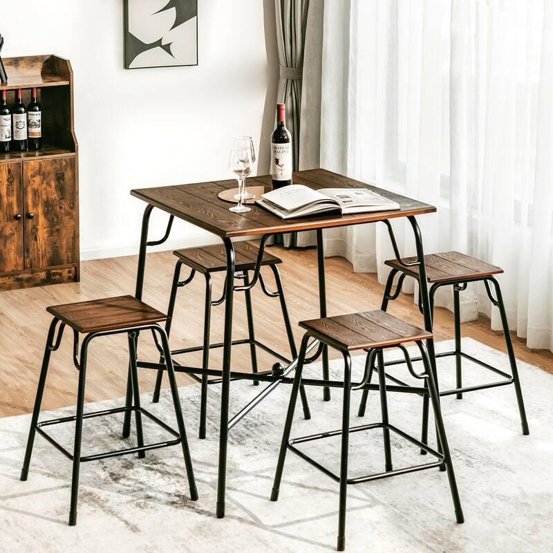 Gymax 5PCS Bar Table Set Counter Height Dining Set w/ 4 Stools Rustic