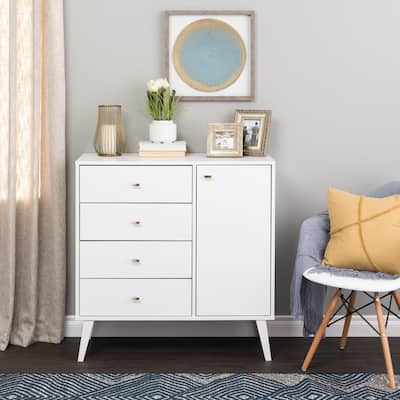 Prepac Milo Mid-Century Modern 4 Drawer Combo Dresser, Chest of Drawers With Door, Contemporary Bedroom Furniture