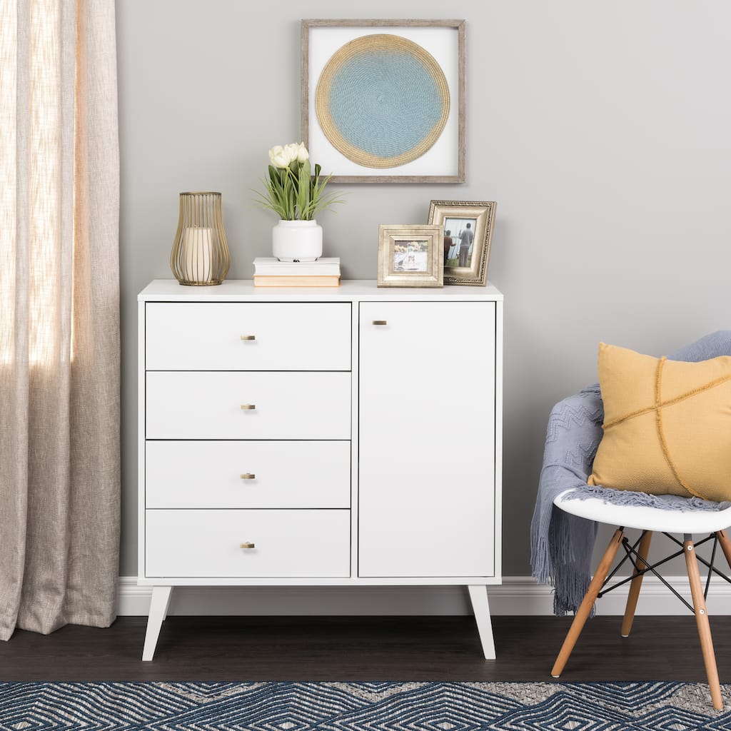 Prepac Milo Mid-Century Modern 4 Drawer Combo Dresser, Chest of Drawers With Door, Contemporary Bedroom Furniture
