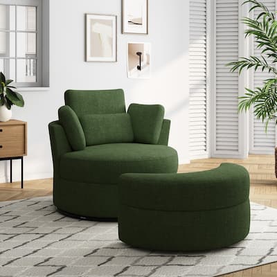 Upholstered Swivel Accent Chair with Wooden Tray Storage Ottoman