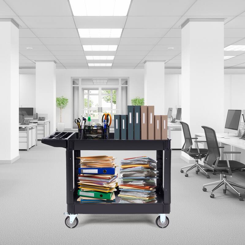 Black Heavy-Duty Plastic Utility Service Cart with 2 Storage Shelf and Lockable Swivel Wheels - 45.67 x 25.59 x33.46 in