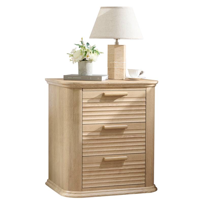 22" Wide Fluted Nightstand with Charging Station, Modern End Table, Wood 3 Drawer Dresser, Large Bedside Tables