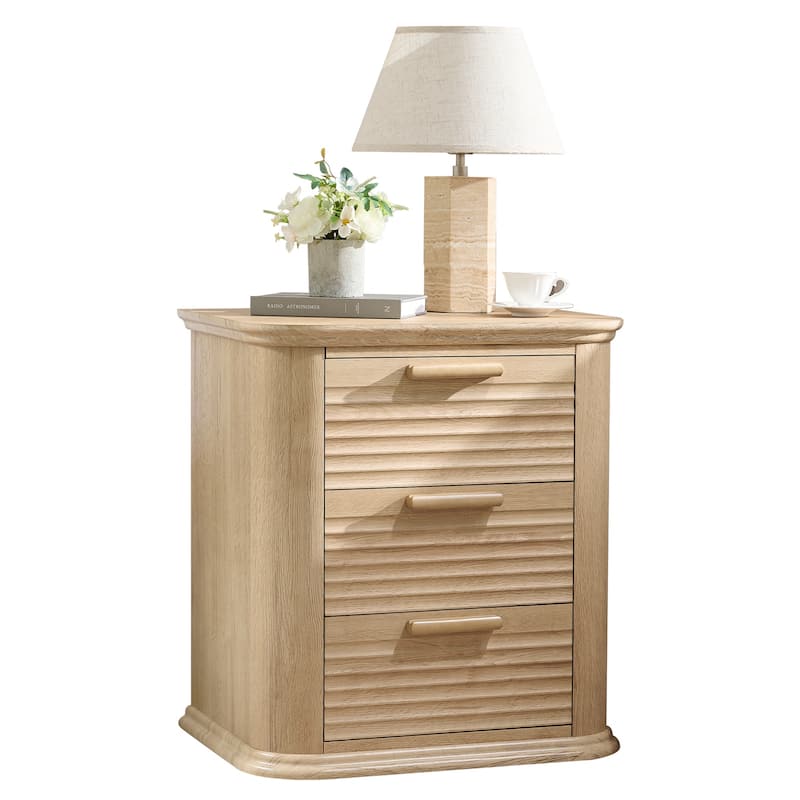 Anmytek 3 Drawer Nightstand with Charging Station Fluted Design Natural Wood Bedside Table