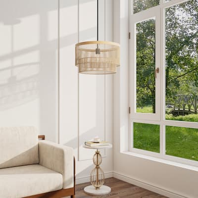 Traditional Rattan Chandelier Pendant Light With Wood Finish Band