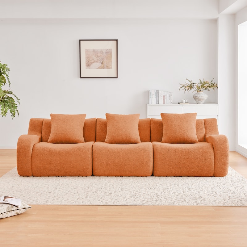 Modern 3-Seater Boneless Sofa, 115.3" Teddy Fabric Couch with Curved Armrests, Anti-Slip Base, No Assembly for Living Room