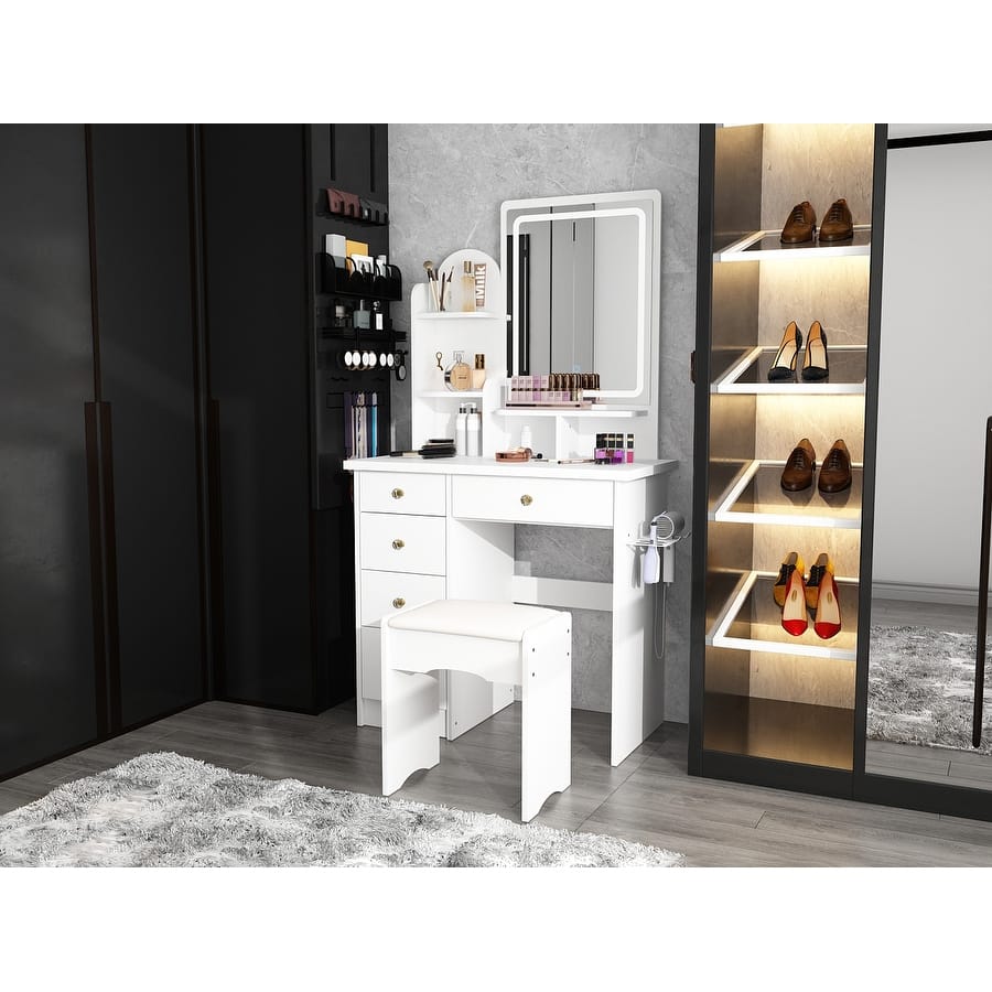 Vanity Desk with Lights,Makeup Vanity w/Power Strip,Dressing Table Set