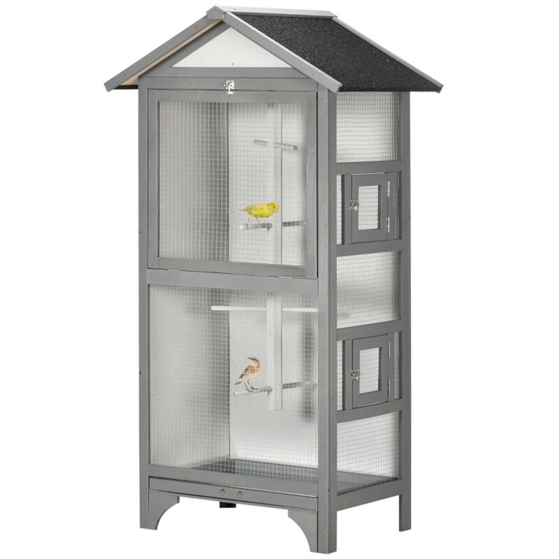 Outdoor Wooden Bird Aviary with Large Access Door Weather-Resistant Fir & Metal Wire, Removable Tray - Grey