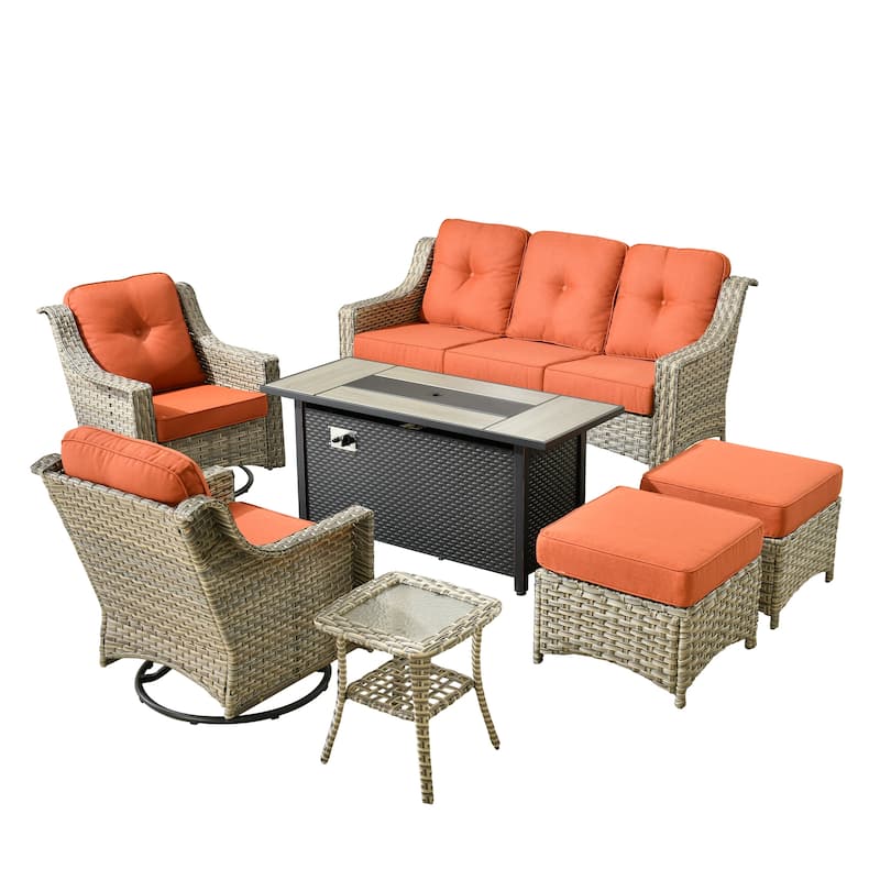 ​​OVIOS 7 Pieces Outdoor Wicker Swivel Chair Set with 54" Fire Table​