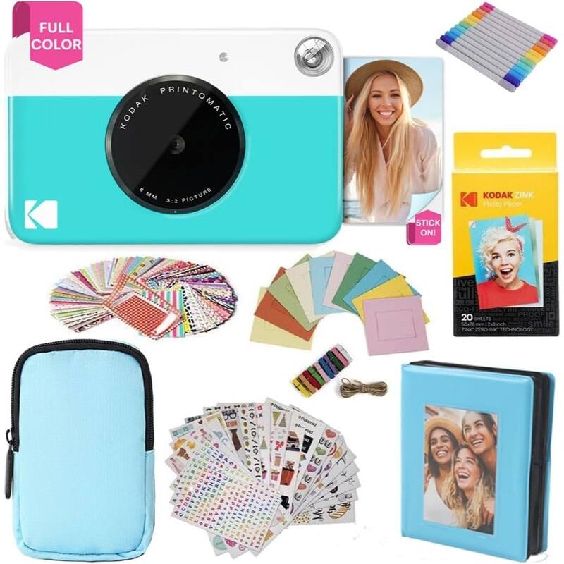 Kodak Printomatic Instant Camera Black Gift Bundle with Blue Case, 20 Zink Sheets, Album & More - N/A