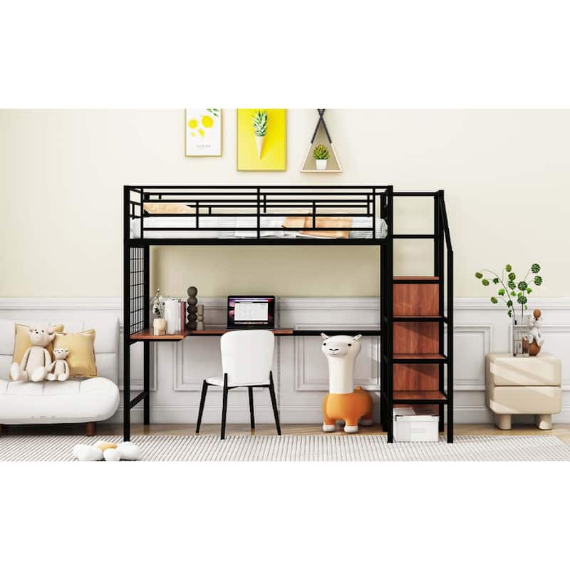 Metal Loft Bed with Desk ,Storage Ladder & Wardrobe