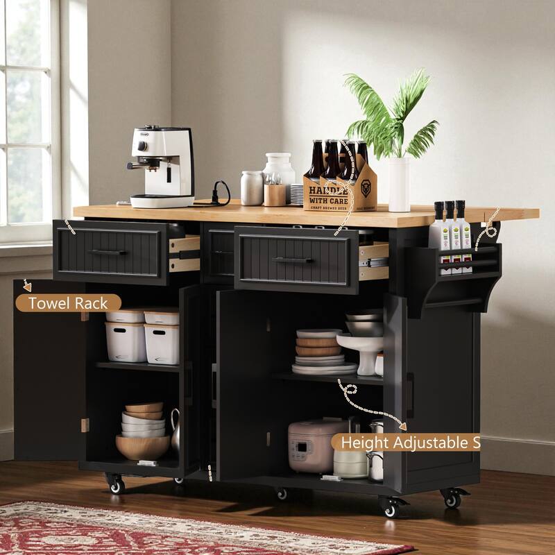 56.5" Farmhouse Kitchen Island with Drop Leaf & Power Outlet, Rolling Cart with 5 Drawers, 4 Doors, Adjustable Shelves & Wheels