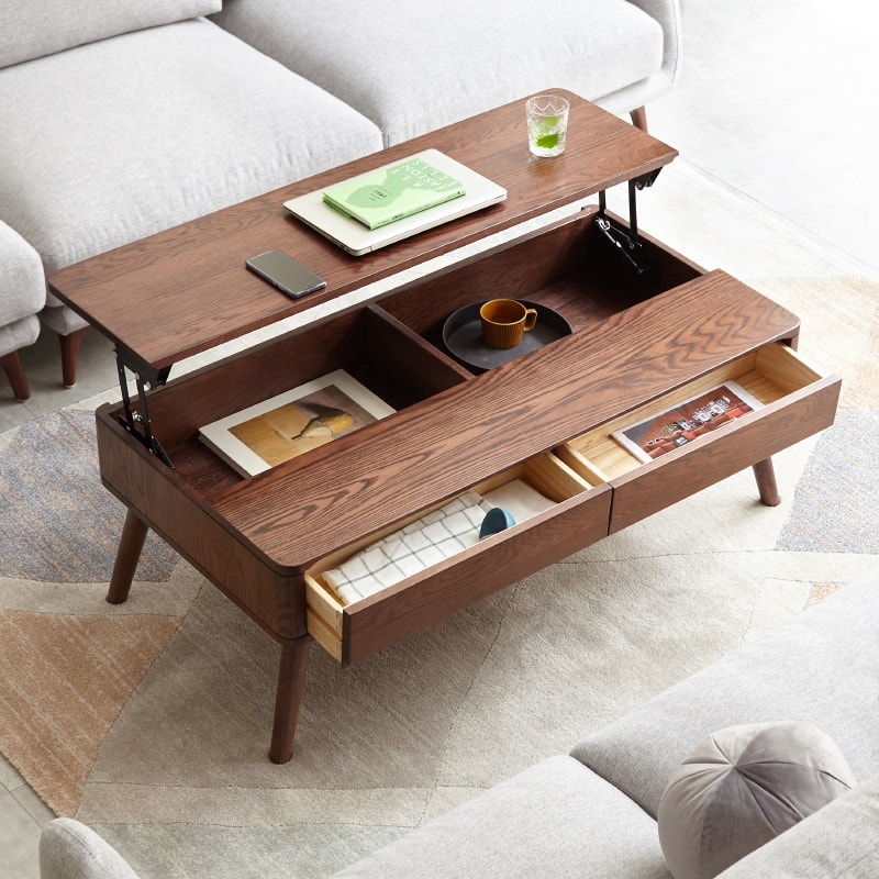 Elevating Low Center Table Solid Oak Wood Coffee Table with Lift Top, Hidden Storage, Drawers and Carbon Steel Base - Walnut