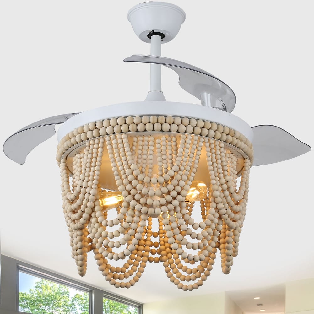 Cusp Barn 42 Inch Boho Retractable Ceiling Fan with Remote, Coastal 6 Speeds Fandelier, Farmhouse Caged Wood Beaded Ceiling Fan