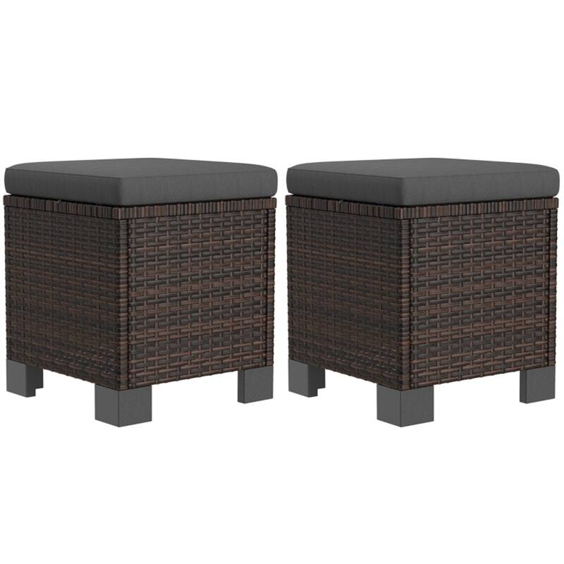 Set of 2 Outdoor Ottomans Wicker with Cushions Steel Frame for Patio Balcony Yard - 15.7" W x 15.7" D x 18.1" H