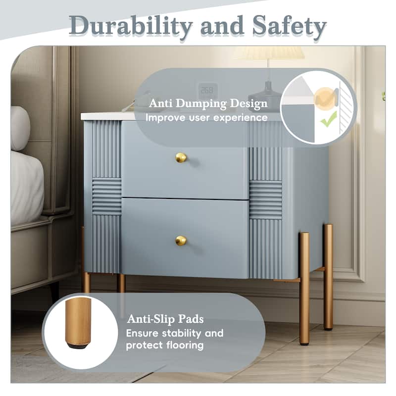 Fluted Nightstand with Metal Handles and Legs, Storage Cabinet with 2 Drawers, Multi-functiona Sofa Side Table