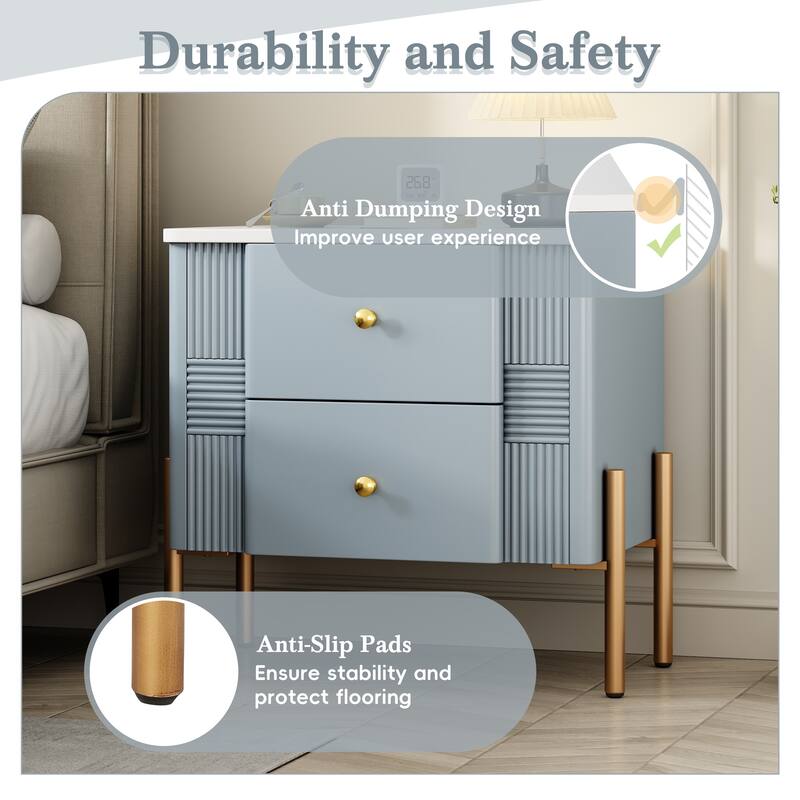Modern Nightstand with 2 Drawers, Fluted Design, Golden Metal Handles, High Legs, Multi-Scene Use, Easy Assembly, Blue