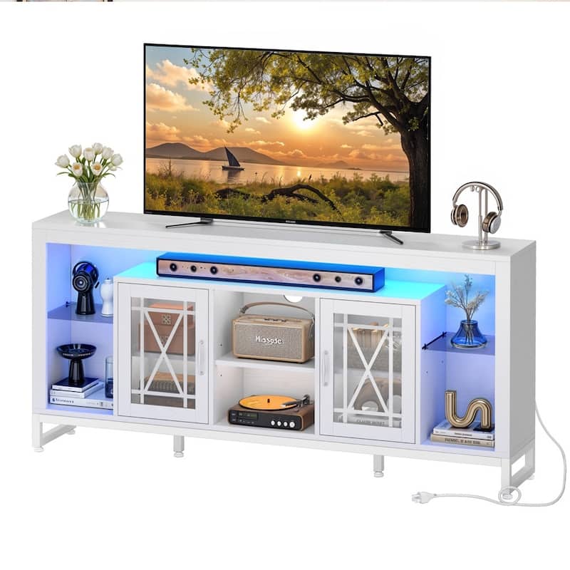 13.8" LED TV Stand for 75" TVs with Acrylic Doors White - 65 inches in width