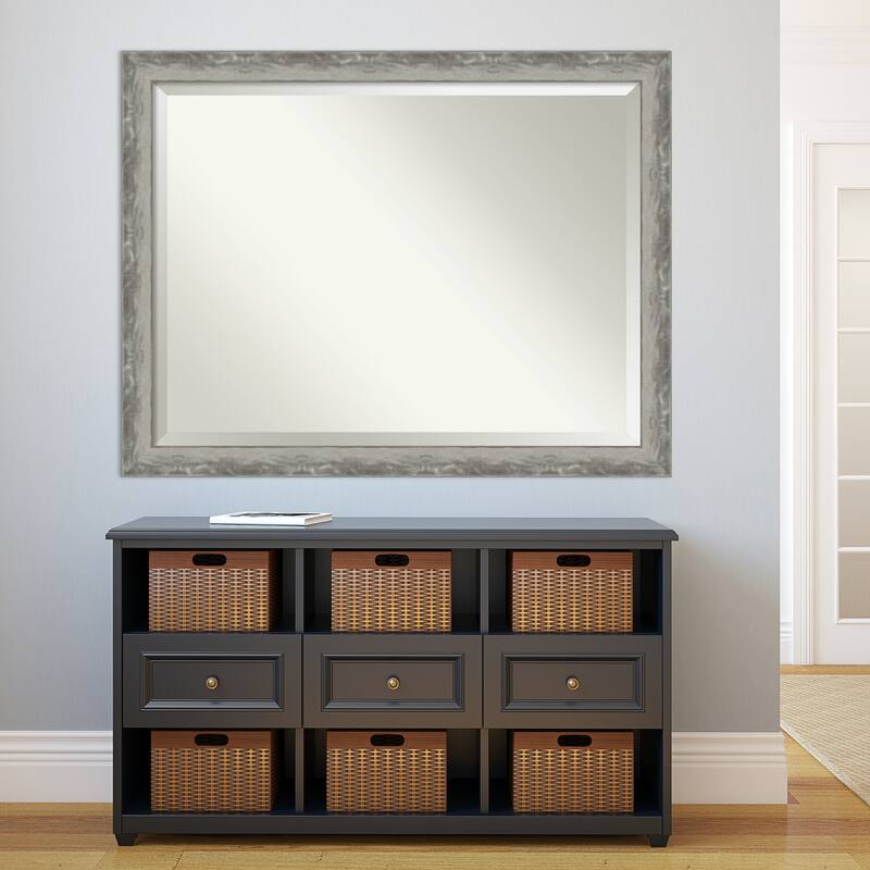 Beveled Bathroom Wall Mirror - Waveline Silver Narrow Frame