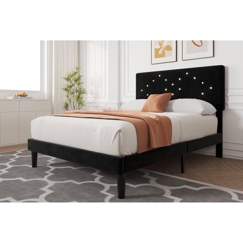 Bed Frames, Velvet Upholstered Bed Frame with Vertical Channel Tufted & Sturdy Wood Slats