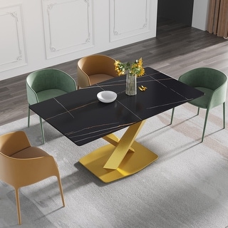 Modern Rectangular Dining Table Sintered Stone Top with Gold Stainless ...