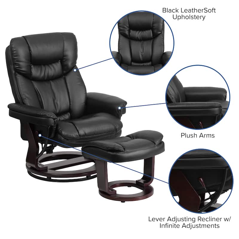 Contemporary Multi-Position Recliner and Curved Ottoman with Swivel Base