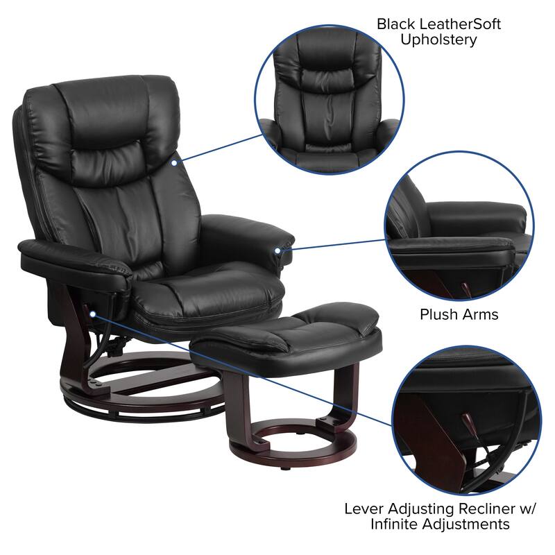 Contemporary Multi-Position Recliner and Curved Ottoman with Swivel Base