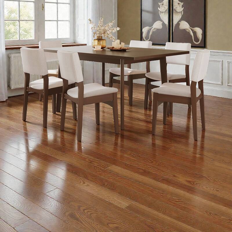 7-Piece Modern Dining Set with Solid Wood Table and Beige Upholstered Linen Chairs, Space-Saving Stackable Design